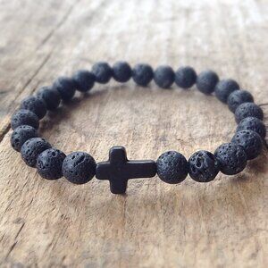 Black Cross Lava Stone Bead Bracelet 10mm beads Handmade - Length 8 inches